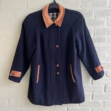 Hamells Navy Wool Coat Uk 14 Mid Length Lined Faux Leather Trim Overcoat Vintage