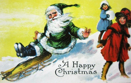 Vintage Santa Claus Christmas Postcard Green Coat Sled Girls Embossed c 1910