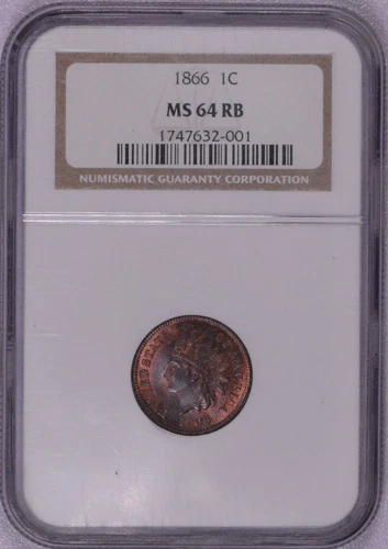 1866 1c NGC MS64RB Red Brown Indian Cent great color, free shipping!