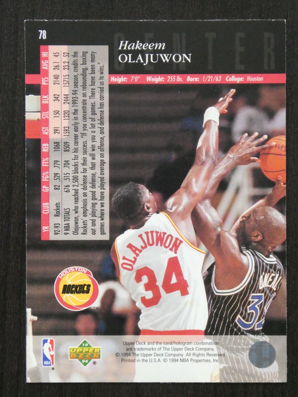 1993-94 Upper Deck: NBA Basketball Card - Hakeem Olajuwon / Houston Rockets  #78