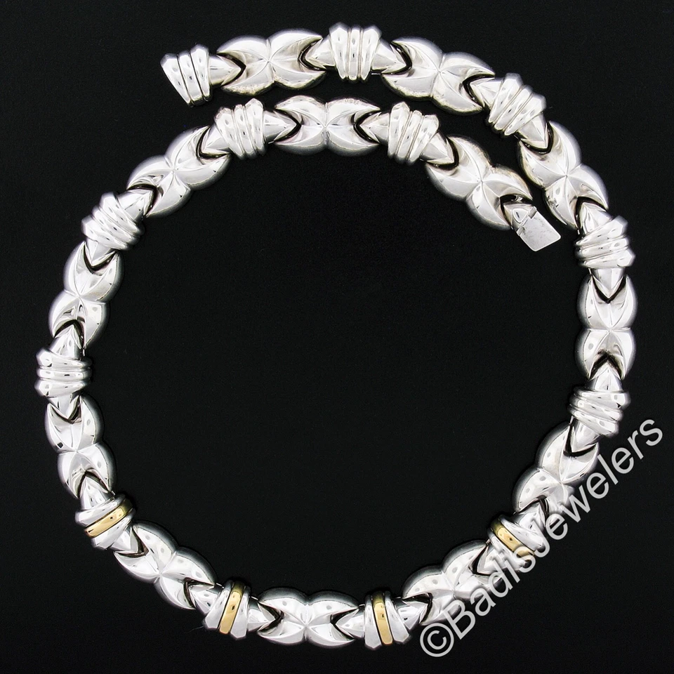 Designer Silver & 18K Gold Fancy Puffed "X" Circular Link 17.5" Collier Necklace - Image 2 of 4