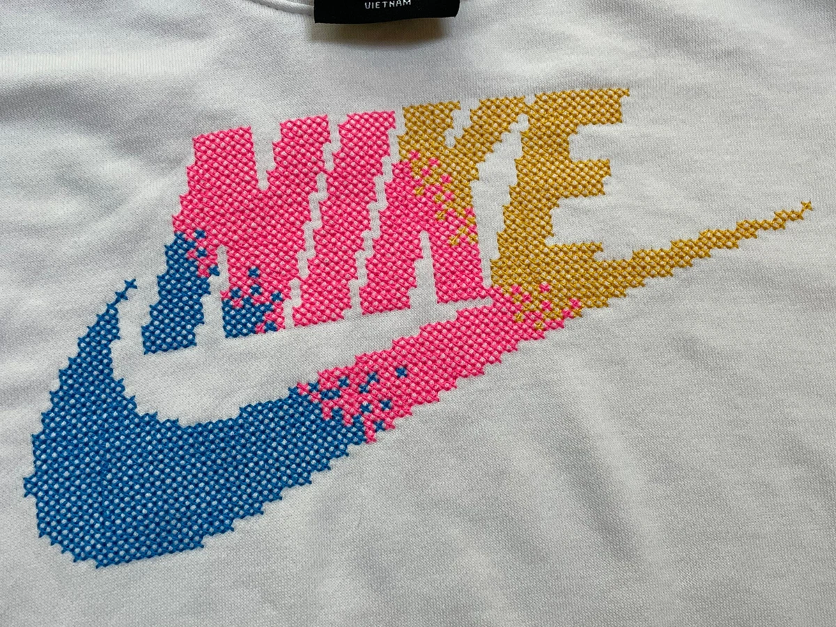 Nike Cream Cross Stitch Logo Fleece Crewneck Sweater SZ Small eBay