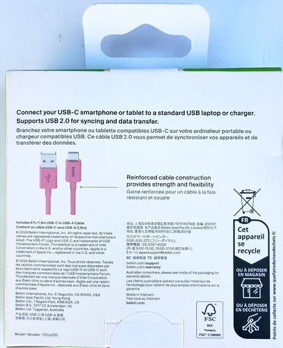 Belkin F2CU032bt06-PNK USB 2.0 Supported USB-C to USB-A Cable (1.8m / 6ft) PINK - Picture 3 of 5