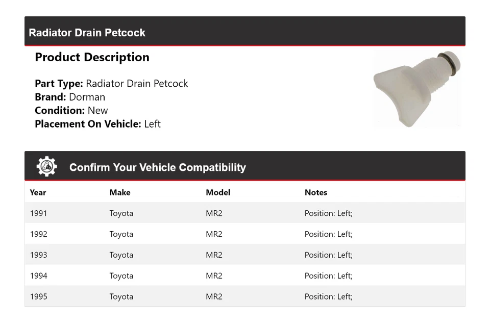For 1991-1995 Toyota MR2 Dorman Radiator Drain Petcock Left 1992 1993 1994 - Image 2 of 4