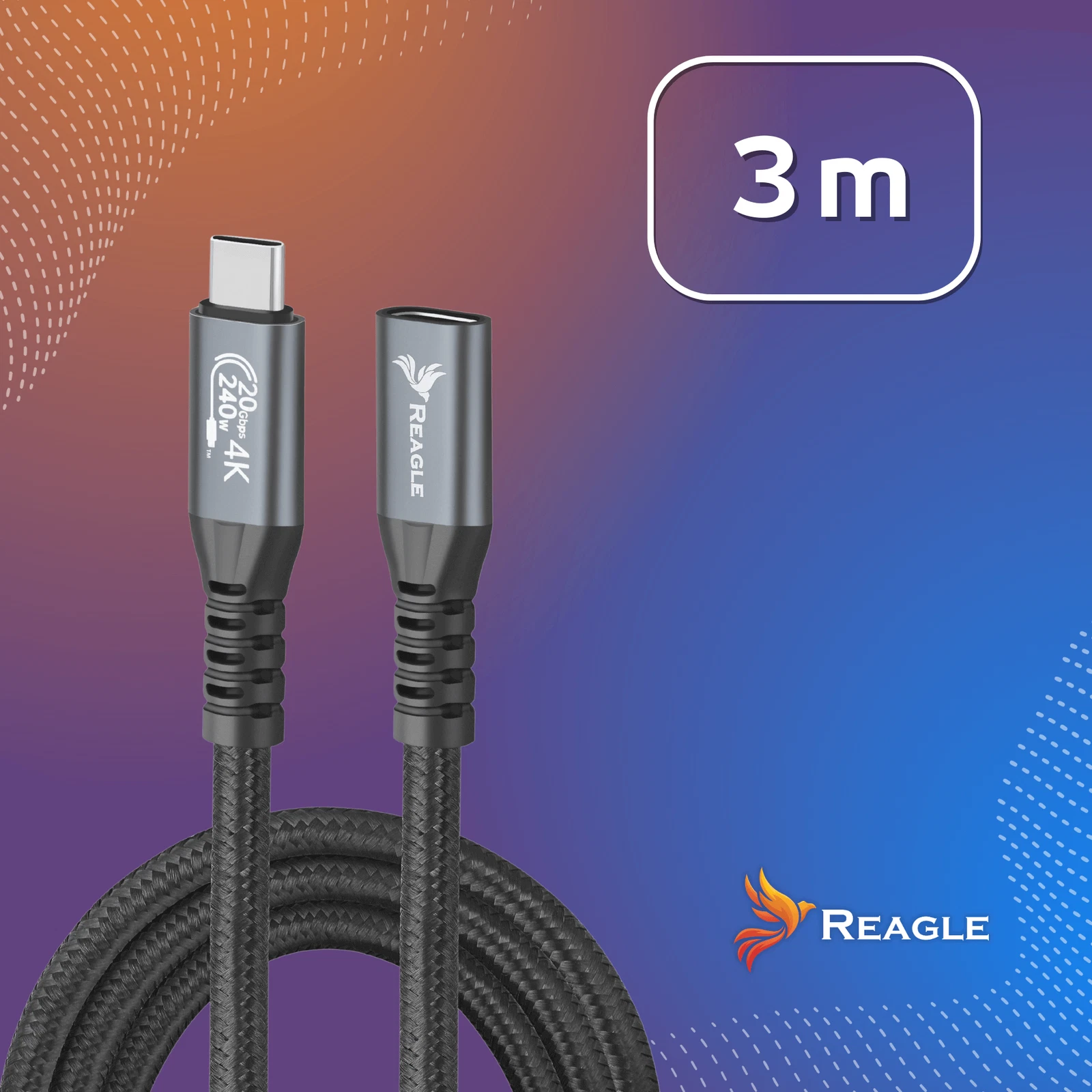 Reagle USB-C Adapter Kabel 3m Nylon Aluminium Schnellladen Datenübertragung