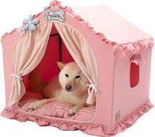 Indoor Dog House with Frame Cute Dog Tent Bed with Cover Cave Pink Breathable