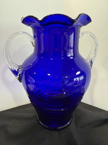 Fenton Rare  Cobalt & Clear  Double Handled 10" vase, ribbed splined handle