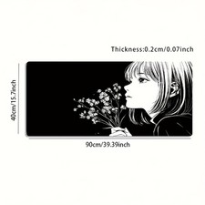 A Large Gaming Mouse Pad Featuring a Black And White Hand-Drawn Girl Holding F
