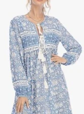 Boho 2XL Blue Floral Long Sleeve Retro V-Neck Tassel A-Line Dress R. Vivimos