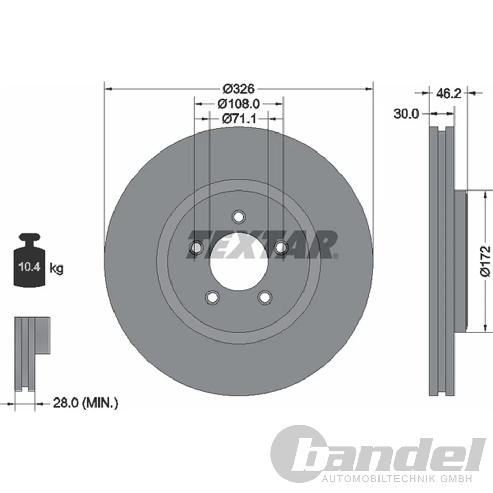 TEXTAR Discos de Freno 326mm + Pastillas Delanteras Apto para Jaguar XF I X250 - Imagen 2 de 4