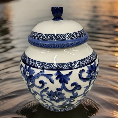 Ralph Lauren Mandarin Blue Medium Canister & Lid Cookie Ginger Jar Raised Relief