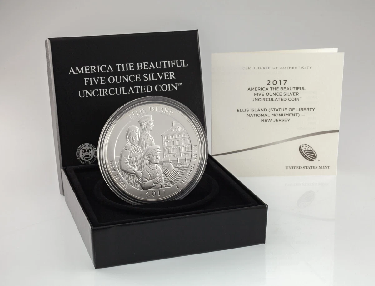 2017 ATB 5 Oz. Moneda De Plata De Ellis Island Con Caja Y Documentos