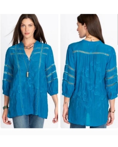 Johnny Was Daisy Peia Tunic Top Large L Blue Floral Embroidered Eyelet $335 NWT - Picture 8 of 10