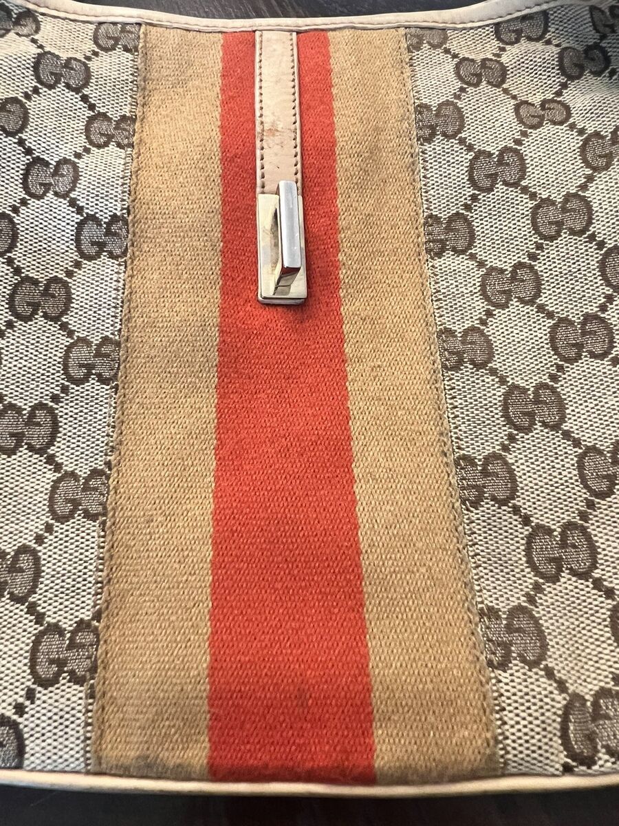 Vintage Gucci GG Jackie Bag Monogram Beige Leather Red Vintage Gucci GG Jackie Bag Monogram Beige Leather Red