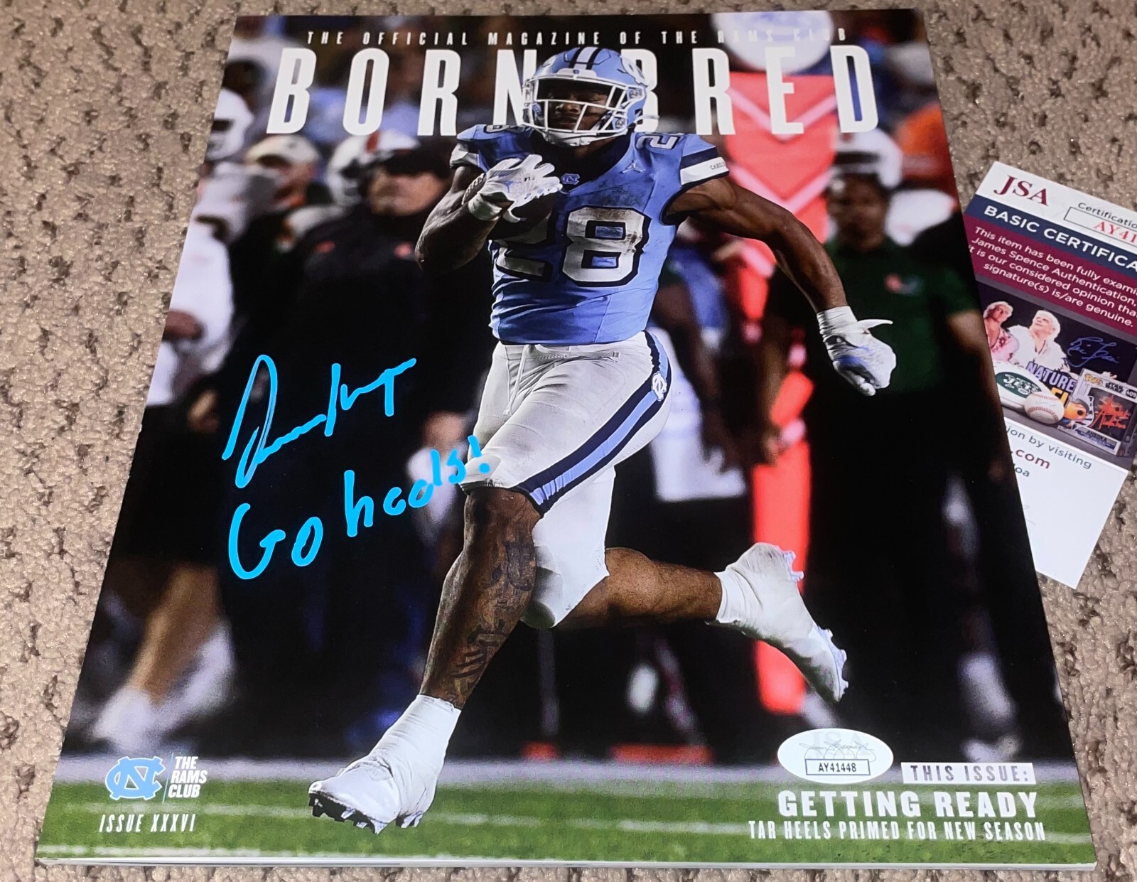 OMARION HAMPTON SIGNED BORN & BRED MAGAZINE JSA UNC FOOTBALL AUTOGRAPH TAR HEELS 