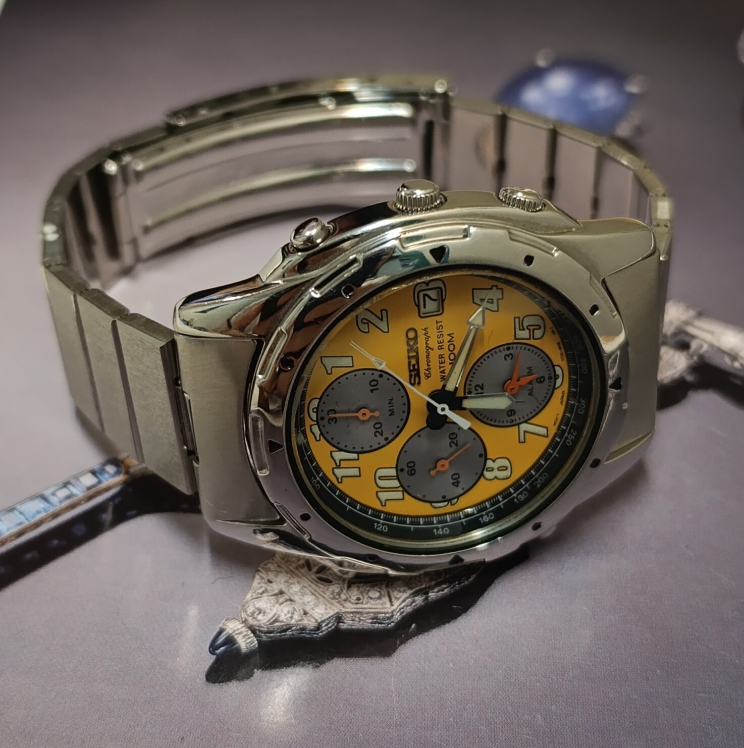 GENT´S SEIKO CHRONOGRAPH ALARM WATCH 7T32-6M30 YELLOW DIAL image 10