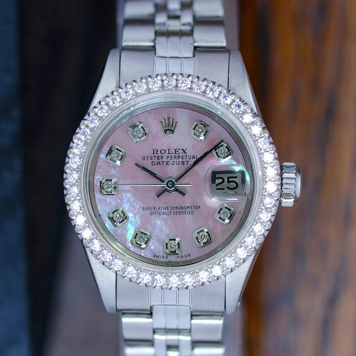 LADIES ROLEX DATEJUST STEEL PINK MOP DIAMOND DIAL DIAMOND BEZEL