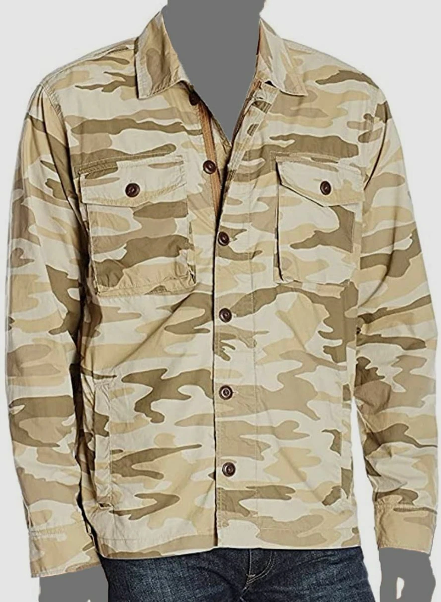 $78 Lucky Brand Men Beige Camo Field Coat Cotton Zip Military Shirt Jacket  M