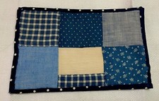 Patchwork Quilt Small Table Topper, Four Patch, Blue Calico Prints, Off White