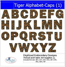 Embroidery Design Set - Tiger Alphabet Caps - 26 Designs - 9 Formats - USB Stick
