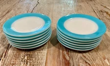 12 VTG PYREX Bread Plates Turquoise Aqua Rim Glass 6.75” Double Tough