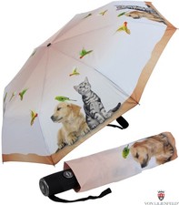Regenschirm Damen Taschenschirm Automatik klein beige Hund Katze Vögel UV-Schutz