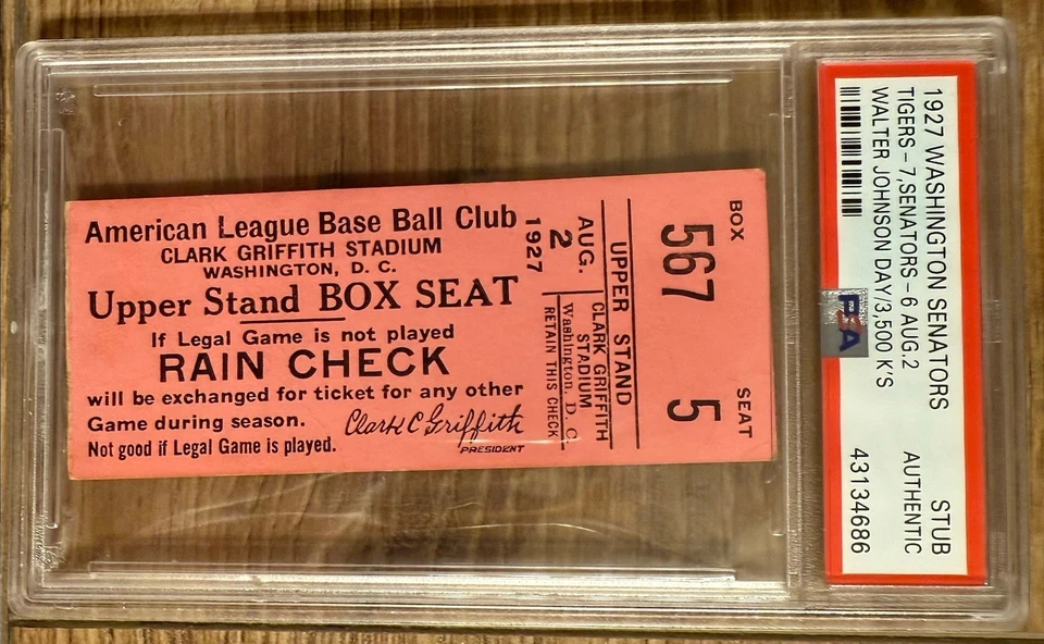 1927 WALTER JOHNSON RECORD 3500 K TICKET🎟8/2/27 “WALTER JOHNSON DAY” POP 1 PSA - Image 3 of 4