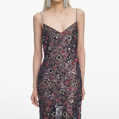 Self Portrait NAVY FLORAL SEQUIN MAXI DRESS $895 Size US 6 UK 10