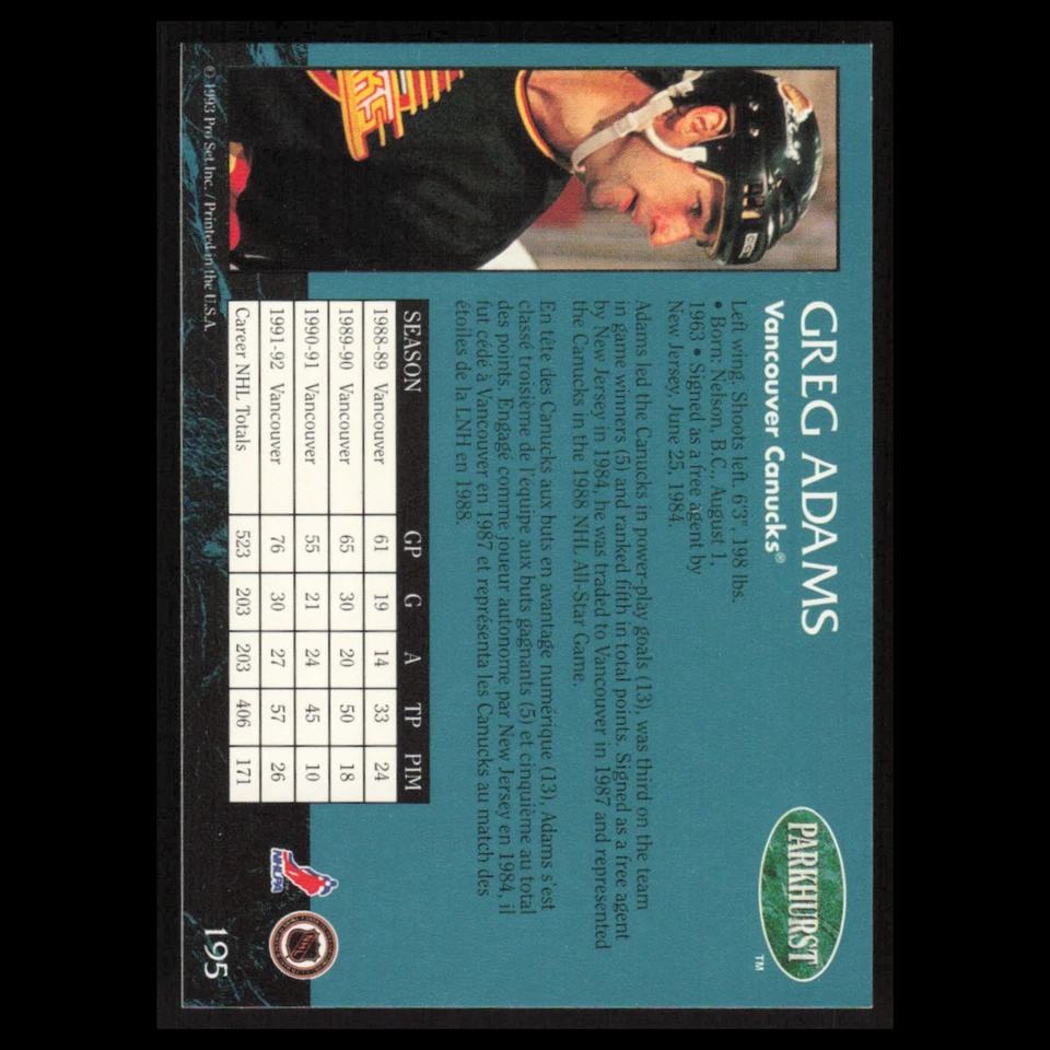 Greg Adams #195 1992 Parkhurst Vancouver Canucks Hockey Card NHL NM - Image 2 of 3
