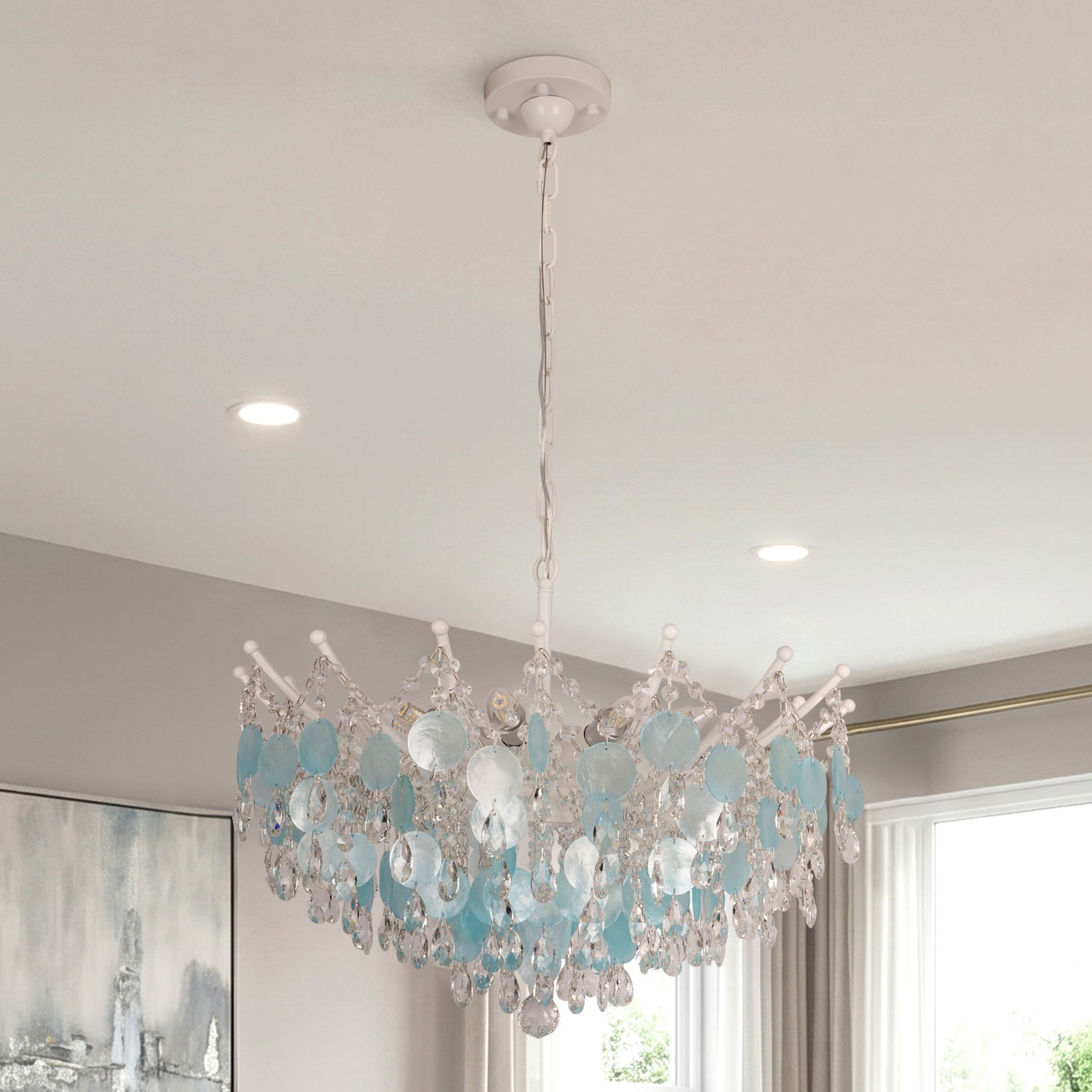 Luxurious Blue Shell Crystal Pendant Light, Adjustable Height, Living Room Light