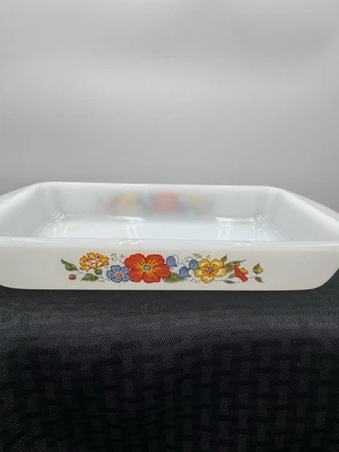 Vintage Glasbake J202 2 Qt Baking Dish Orange Blue Yellow Flower Pattern USA