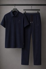 Men  s Blue 2 Piece Polo Shirt  Straight Leg Pants Set Cotton Knit Drawstring M