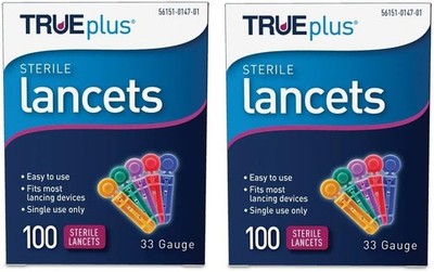 NIB! 2 Pack 200 Ct. TRUEplus Sterile Lancets 33 Gauge EXP. 6/2030 - FREE SHIP!
