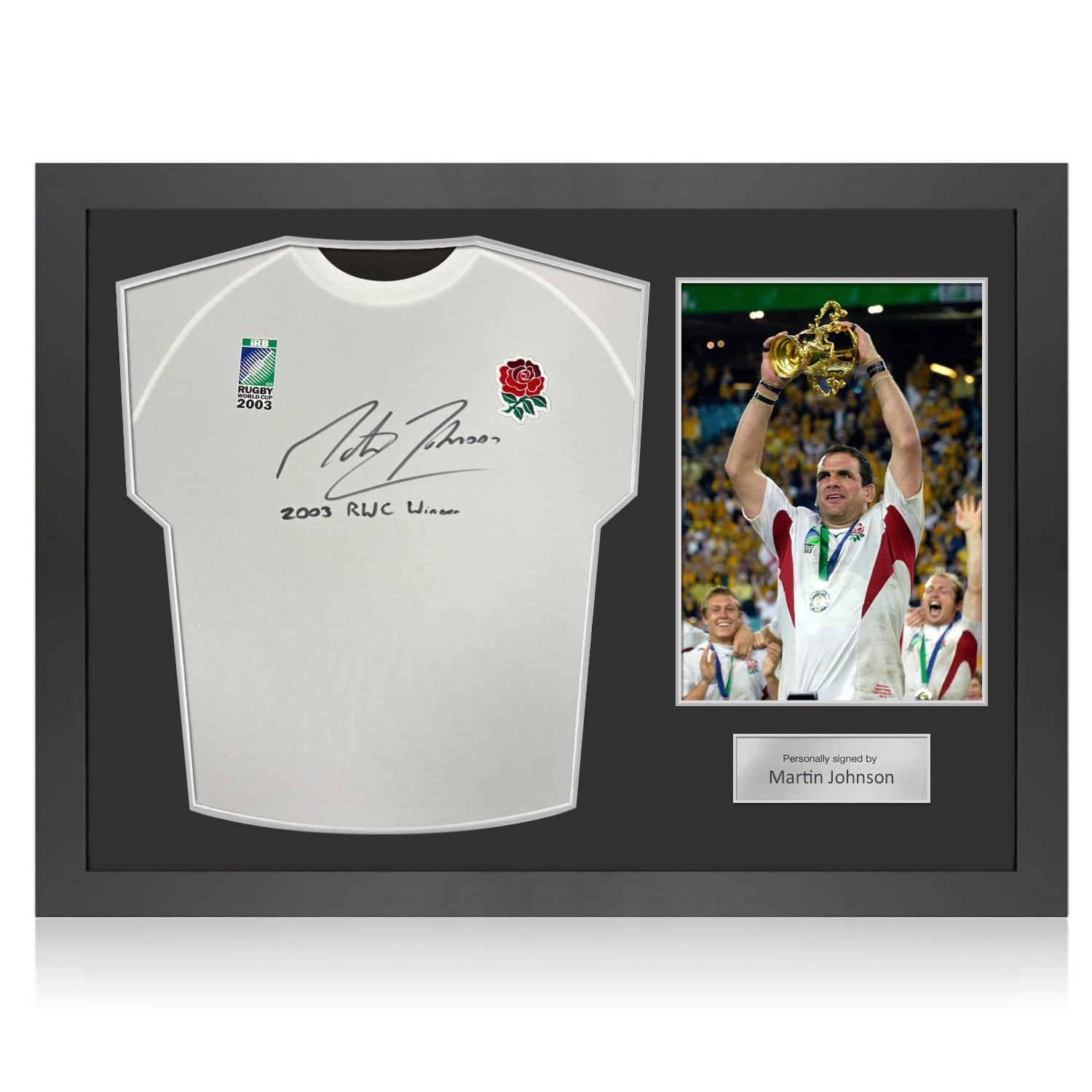 Martin Johnson Signed Commemorative England Rugby Shirt: Inscription. Icon Frame