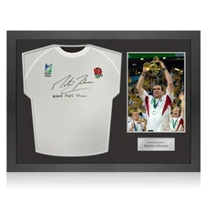 Martin Johnson Signed Commemorative England Rugby Shirt: Inscription. Icon Frame