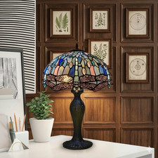 Tiffany Blue Dragonfly Table Lamp 16 inch Style HandCrafted Stained Glass Shade.