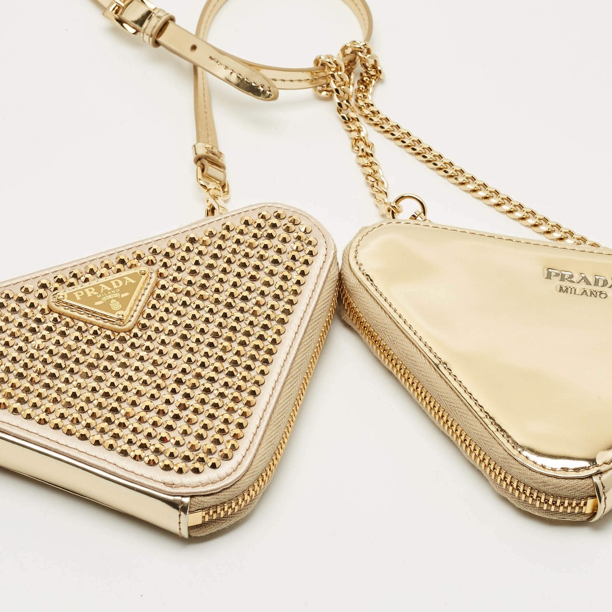 Prada Gold Leather and Satin Crystal Embellished Mini Triangle