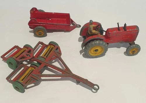 Vintage Dinky Massey Harris Tractor, Triple Gang Mower & Trailer To Restore