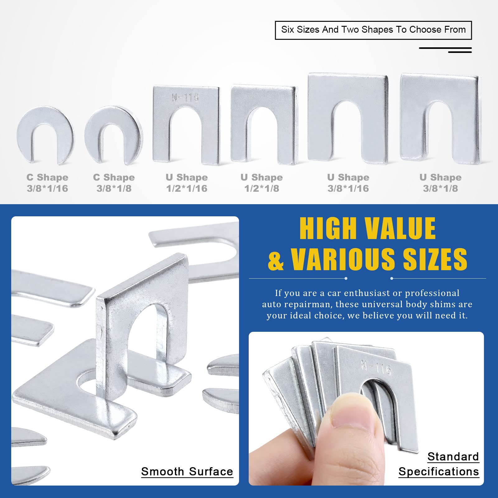 Glarks 152Pcs 3/8" 1/2" Universal Body Shim Assortment Kit, Universal Auto Al...