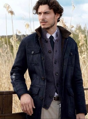$7950 BRUNELLO CUCINELLI FW13 Men's Leather Suede Shearling Jacket - Navy - 3XL