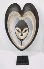 African Kwele Ekuk Wooden Tribal Face Mask 16”x11.5” Gabon Congo With Stand