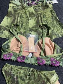 Lise Charmel French Green & Purple 3 Piece Set! Bra, Camisole & Bikini! NWT!