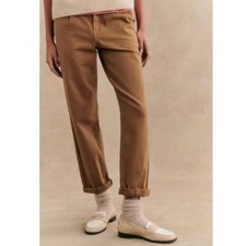 Sezane Manu Wide Leg Low Rise Pleated Trousers in Coffee Tan Size 46 FR 14 US