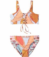  66 Maaji Girls' Orange Floral Striped Lace-Up Bikini Set Swimwear Size 2