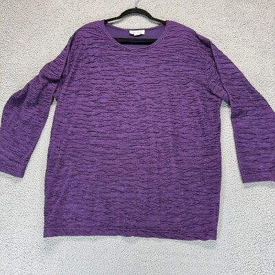 Agenda Womens Top Long Sleeve Blouse Purple Crinkle Textured Made USA Size XL