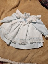 Vintage Girl Dress Blue White Bryan 2T Ruffles Lace Toddler Prairie Apron