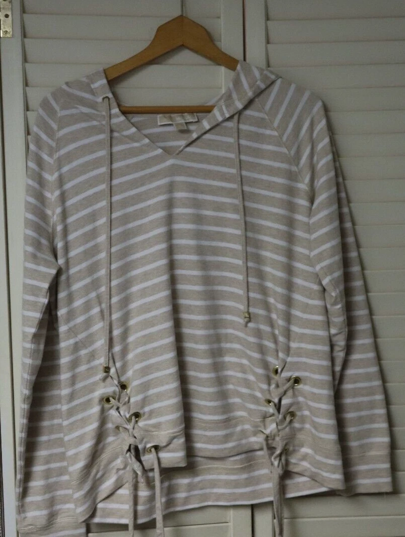 Felpa con cappuccio Michael Kors taglia L pullover marrone e bianco a righe dettagli stringati preppy
