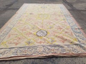 Vintage French Needle Point Handmade Floral Beige Wool Rug Carpet 230x145cm