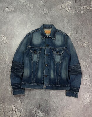 LEVIS 70500 SLIM FIT TRUCKER JACKET DENIM Size L Mens Distressed Navy Blue 