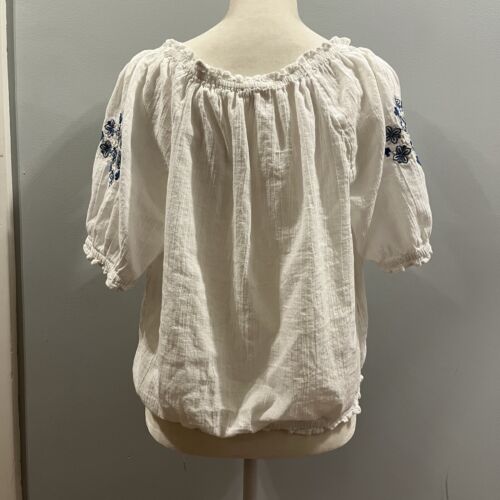 Lucky Brand Women’s Peasant Top Embroidered Tassels White Blue Gathered M - Picture 4 of 10